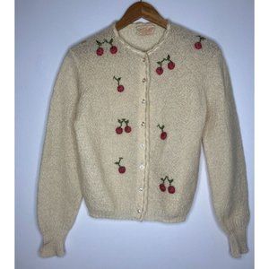 Vintage 50's Women's Small Medium Cardigan Sweater Rockabilly Cherry Cherries